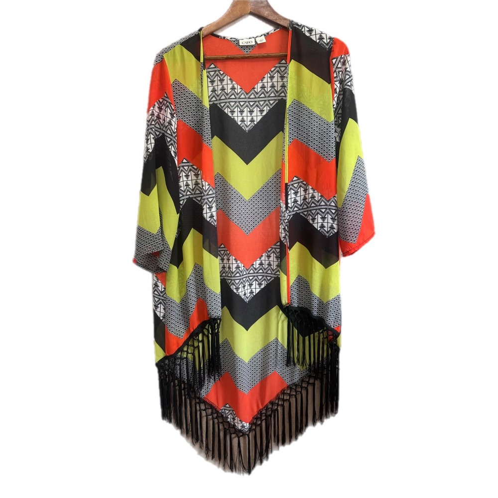 Cato Kimono Wrap Women Large Orange Green Excellent Fringe Geometric Chevron